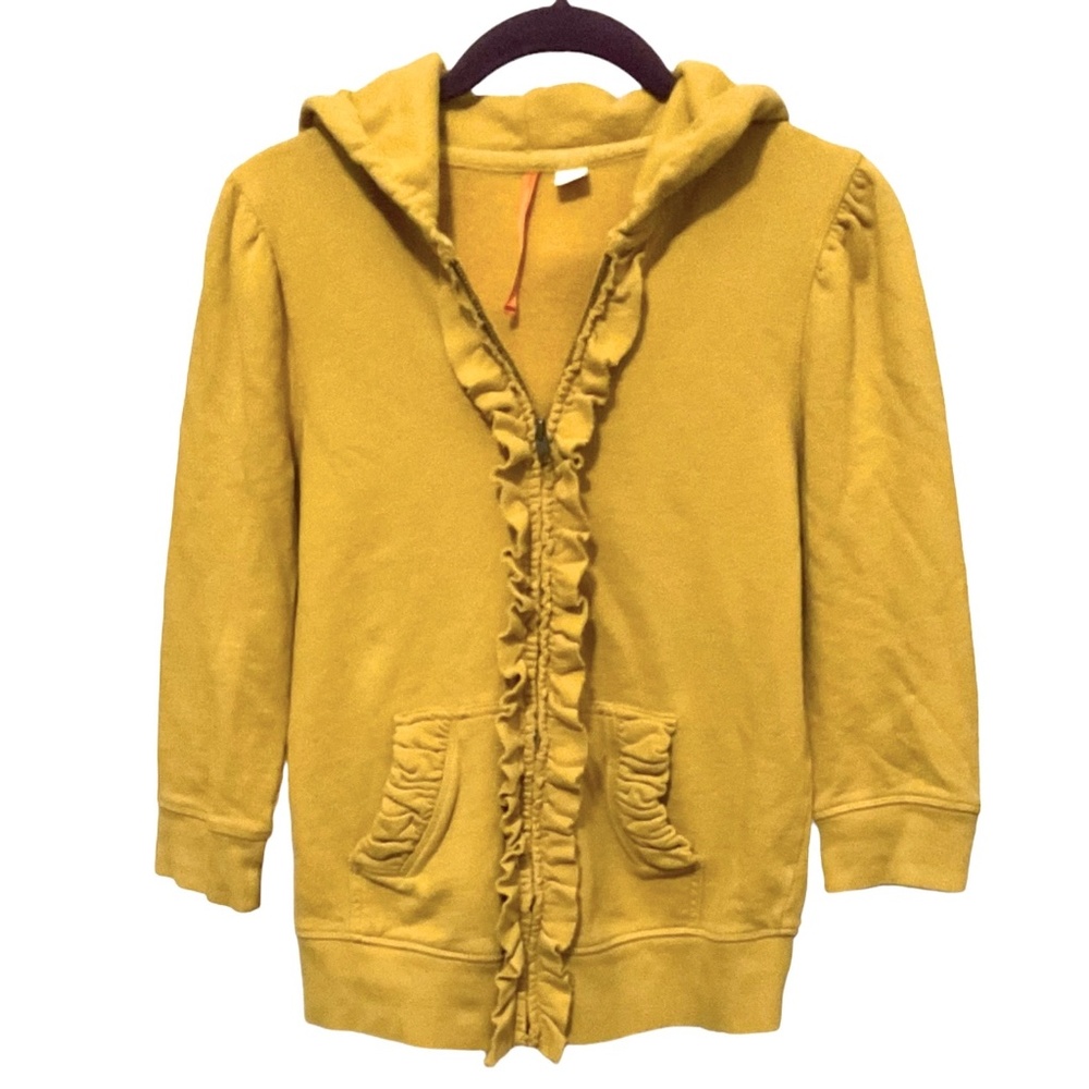 Anthropologie - Hooded 3/4 Sleeve Ruffle Zip Sweatshirt - Yellow Hoodie Small